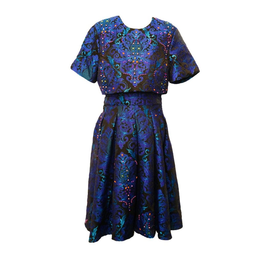 ASOS embellished short sleeve crop top midi dress in woven blue jacquard fabric